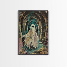 Carregar imagem no visualizador da galeria, Ghostly Figure in Ancient Ruins Framed Canvas Print, Haunted Ruins Decor, Halloween Ghost Art, Eerie Ghostly Wall Art, Spooky Ghost Print