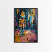 Load image into Gallery viewer, Colorful Skeleton Nutcracker Framed Canvas Print, Halloween Nutcracker Decor, Spooky Toy Art, Skeleton Wall Art, Haunted Nutcracker Print