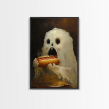 Load image into Gallery viewer, Ghostly Hot Dog Thief, Cute Lil Ghost Eatin' a Dog, The Hot Dog Ghost, Haunted Hot Dog Thief, Framed Canvas Print, Halloween Art