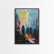 Load image into Gallery viewer, Creepy Haunted Cemetary Framed Canvas Print Halloween Art, Impasto Style Spooky Season Decor