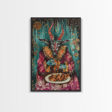 Carregar imagem no visualizador da galeria, A demon eating some hot wings - hope he didn't sell his soul for them they look pretty good! Halloween Wall Art Framed Canvas