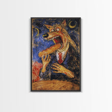 Carregar imagem no visualizador da galeria, Business Werewolf Eating a Hot Dog, Framed Canvas print, Funny Halloween Art, Spooky Season, The Scream Inspired Funny Art