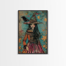 Load image into Gallery viewer, Enchanting Witch with Raven - Halloween Wall Decor - Spooky Home Art Print - Halloween Gift for Witch Lovers - Creepy Art Halloween Decor