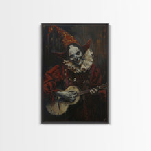 Load image into Gallery viewer, Creepy Clown Playing Guitar, Framed Canvas Print, Spooky Circus Art, Halloween Wall Decor, Horror Clown Illustration, Creepy Home Decor
