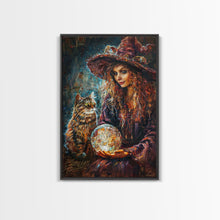 Load image into Gallery viewer, Enchanting Witch with Crystal Ball, Framed Canvas Print, Mystical Halloween Art, Spooky Witch Decor, Witchcraft Illustration, Magical Decor