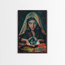 Load image into Gallery viewer, Enchanting Fortune Teller with Crystal Ball Under Moonlight - Mystical Witchcraft Framed Canvas Print, Halloween Gothic Home Decor