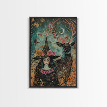 Load image into Gallery viewer, Elegant Witch with Tortoise - Halloween Art, Gothic Art, Spooky Decor, Dark Nature Art, Haunting Portrait, Framed Canvas Print