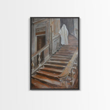 Load image into Gallery viewer, Ghost On Stairs Canvas Print - Halloween Art, Spooky Home Decor, Ghost Wall Art, Haunted House Decor, Halloween Decor, Framed Canvas Print