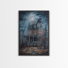 Carregar imagem no visualizador da galeria, Abandoned House Under Moon Full Halloween Art, Spooky Mansion, Haunted Home, Creepy Decor, Gothic Artwork, Framed Canvas Print