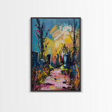 Cargar imagen en el visor de la galería, Colorful Haunted Cemetary, Springtime Halloween Mashup, Spooky Season Vibes, Framed Canvas Print, Haunted Graveyard