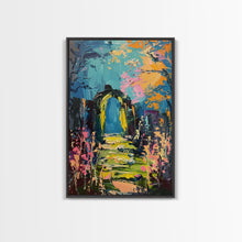 Load image into Gallery viewer, Enchanted Path Framed Canvas Print, Halloween Art, Spooky Garden, Haunted Walkway, Fall Decor Gothic Decor, Ghostly Archway, Eerie Landscape