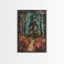 Load image into Gallery viewer, Enchanted Forest Pathway Framed Canvas Print, Haunted Woods Art, Halloween Night, Spooky Path Decor, Mysterious Artwork, Framed Canvas Print