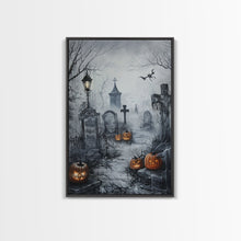 Load image into Gallery viewer, Eerie Graveyard with Pumpkins Framed Canvas Print, Halloween Wall Art, Spooky Cemetery, Home Decor, Gothic Artwork, Living Room Art, Creepy