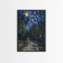 Load image into Gallery viewer, Dark Forest Path with Pumpkins Framed Canvas Print, Halloween Wall Art, Starry Night Inspired, Home Decor, Spooky Art, Living Room Decor
