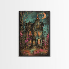 Load image into Gallery viewer, Enchanted Gothic House Framed Canvas Print, Halloween Wall Art, Spooky Art, Home Decor, Living Room Decor, Gothic Artwork, Haunted House