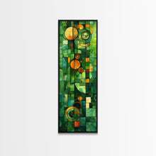 Carregar imagem no visualizador da galeria, Geometric Abstract Art in Green and Yellow Tones - Framed Canvas Print, Midcentury Modern Art, Skinny Art, Tall Art, Living Room Wall Decor, Boho Art