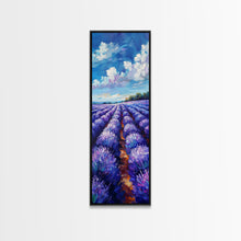 Carregar imagem no visualizador da galeria, Expansive Lavender Fields Under a Bright Sky, Skinny and Tall Art, Bold Framed Canvas Print, Landscape Wall Art