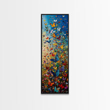 Carregar imagem no visualizador da galeria, Burst of Colorful Butterflies in a Floral Meadow, Skinny and Tall Art, Energetic Framed Canvas Print, Vibrant Wall Art