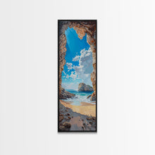 Carregar imagem no visualizador da galeria, Framed Canvas Print Skinny Art of a Sunlit Beach Scene Framed by Rocky Cliffs, Overlooking a Crystal Blue Sea Under a Clear Sky, Perfect Tall Coastal Art