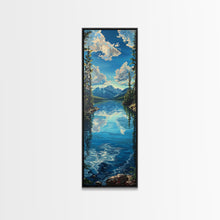 Carregar imagem no visualizador da galeria, Framed Canvas Print Skinny Art of a Clear Lake Surrounded by Pine Trees with Majestic Mountains in the Distance Under a Blue Sky, Ideal Tall Landscape Art