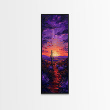 Cargar imagen en el visor de la galería, Colorful Sunset Over a Desert Landscape with a Saguaro Cactus and Dramatic Sky on a Framed Canvas Print Skinny Art Piece