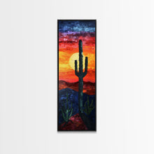 Load image into Gallery viewer, Desert Landscape with Saguaro Cactus Silhouette Against a Fiery Sunset on a Framed Canvas Print Skinny Art Piece