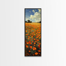 Carregar imagem no visualizador da galeria, Expansive Poppy Field Under a Bright Blue Sky on a Framed Canvas Print Skinny Art Piece