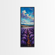 Carregar imagem no visualizador da galeria, Framed Canvas Print of Wide Lavender Fields Under a Bright Sky Featuring Skinny Tall Art for Stunning Wall Decor in Home or Office