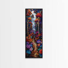 Carregar imagem no visualizador da galeria, Fantasy Forest Pathway with Giant Mushrooms as Tall Skinny Art Framed Canvas Print for Whimsical Wall Decor in Unique Spaces