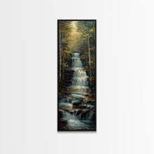 Load image into Gallery viewer, Beautiful Stream Cascading Waterfalls In The Forest at Golden Hour, Framed Canvas Print, Boho Style Landscape Painting Print