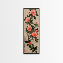 Carregar imagem no visualizador da galeria, Framed Canvas Print Of Japanese Floral Art With Camellia Blossoms And Detailed Leaves Ready To Hang Traditional Japanese Wall Art Decor
