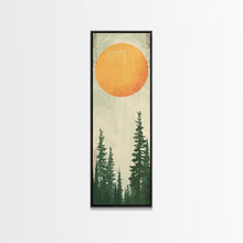 Carregar imagem no visualizador da galeria, Abstract Sun Over Forest Silhouette Earth Tones Skinny Art Tall Art Framed Canvas Print Japanese Style Art Ukiyo-e Art Wood Block Print Minimalist
