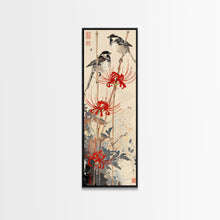 Load image into Gallery viewer, Blossoming Pink Flowers Bold Red Accents Skinny Art Tall Art Framed Canvas Print Japanese Style Art Ukiyo-e Art Wood Block Print Feminine