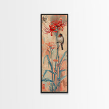 Load image into Gallery viewer, Bird Perched On Bright Red Lily Flower Skinny Art Tall Art Framed Canvas Print Japanese Style Art Ukiyo-e Art Wood Block Print Floral Detailed