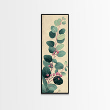 Load image into Gallery viewer, Delicate Green Leaves And Pink Buds On A Branch Against A Textured Background, Skinny Art Tall Wall Art Framed Canvas Print Japanese Style Art