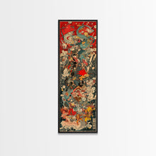 Cargar imagen en el visor de la galería, Complex Samurai Battle Scene With Mythical Creatures Framed Canvas Print Ukiyo-e Wall Art Wood Block Print Tall Art Japanese Style Skinny Art