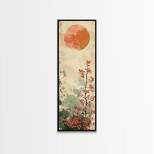 Carregar imagem no visualizador da galeria, Abstract Sun Over Branch With Red Leaves Framed Canvas Print Ukiyo-e Wall Art Tall Art Wood Block Print Skinny Art Japanese Style