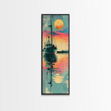 Carregar imagem no visualizador da galeria, Fishing Boat Reflecting in Water with Vibrant Sunset, Japanese Art-Inspired Tall Framed Canvas Print for Wall Art