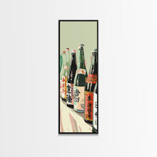 Load image into Gallery viewer, Array Of Japanese Sake Bottles With Minimalistic Labels Arranged Simple Composition Captured Tall Framed Canvas Print Bar Decor