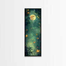 Load image into Gallery viewer, Enchanting Fireflies Illuminating Nighttime Forest Scene Under Full Moon Tall Framed Canvas Print Adding Magical Touch