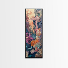 Carregar imagem no visualizador da galeria, Framed Canvas Print Of A Coral Reef Scene Filled With Vibrant Marine Life, Skinny Art, Tall Art, Japanese Style Art, Ukiyo-e Art, Wood Block Print