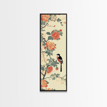 Load image into Gallery viewer, Bird Among Camellia Flowers On Light Background Skinny Art Ukiyo-e Wood Block Print Framed Canvas Print