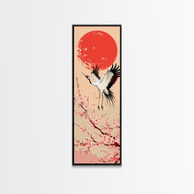 Load image into Gallery viewer, Elegant Crane Bird In Mid-flight Against Bold Red Sun Ukiyo-e Tall Skinny Wood Block Framed Canvas Print Japanese Style Art