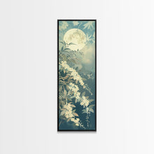 Load image into Gallery viewer, Delicate White Flowers and Full Moon in a Tranquil Night Setting - Skinny Art, Japanese Wall Decor, Framed Canvas Print, Ukiyo-e Style