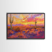 Load image into Gallery viewer, Desert Cactus Sunset Painting Framed Canvas Print, Western Decor, Southwest Wall Art, Arizona Painting, Landscape Painting, Farmhouse Decor