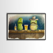 Load image into Gallery viewer, Funny Pickles In A Bar, Watercolor Painting Print, Framed Wall Art, Funny Decor, Kitsch Art, Framed Canvas Pickle Art