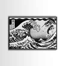 Load image into Gallery viewer, Beautiful Black and White Ocean Wave Wall art, Framed Canvas Print, Retro Japanese Inspired Hokusai Style Wave Art