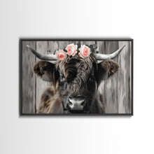 Carregar imagem no visualizador da galeria, Framed Canvas Wall Art, Cute Highland Cow Print, Modern Wall Art Farmhouse Decor, Fun Rustic Farmhouse Art, Life On The Farm, Cow and Flower