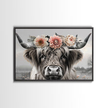 Load image into Gallery viewer, Cute Framed Canvas Wall Art, Cute Cow Wearing Flowers, Farmhouse Decor, Farmhouse Wall At, Extra Large Boho Decor, Minimalist Modern Art