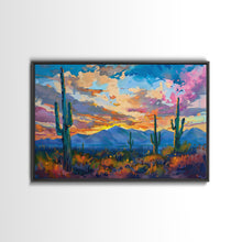 Carregar imagem no visualizador da galeria, Cactus Under A Beautiful Sunset, Pop Art Style, Mid Century Modern Framed Canvas Print or Metal Art, Desert Scene Wall Art, Abstract Desert